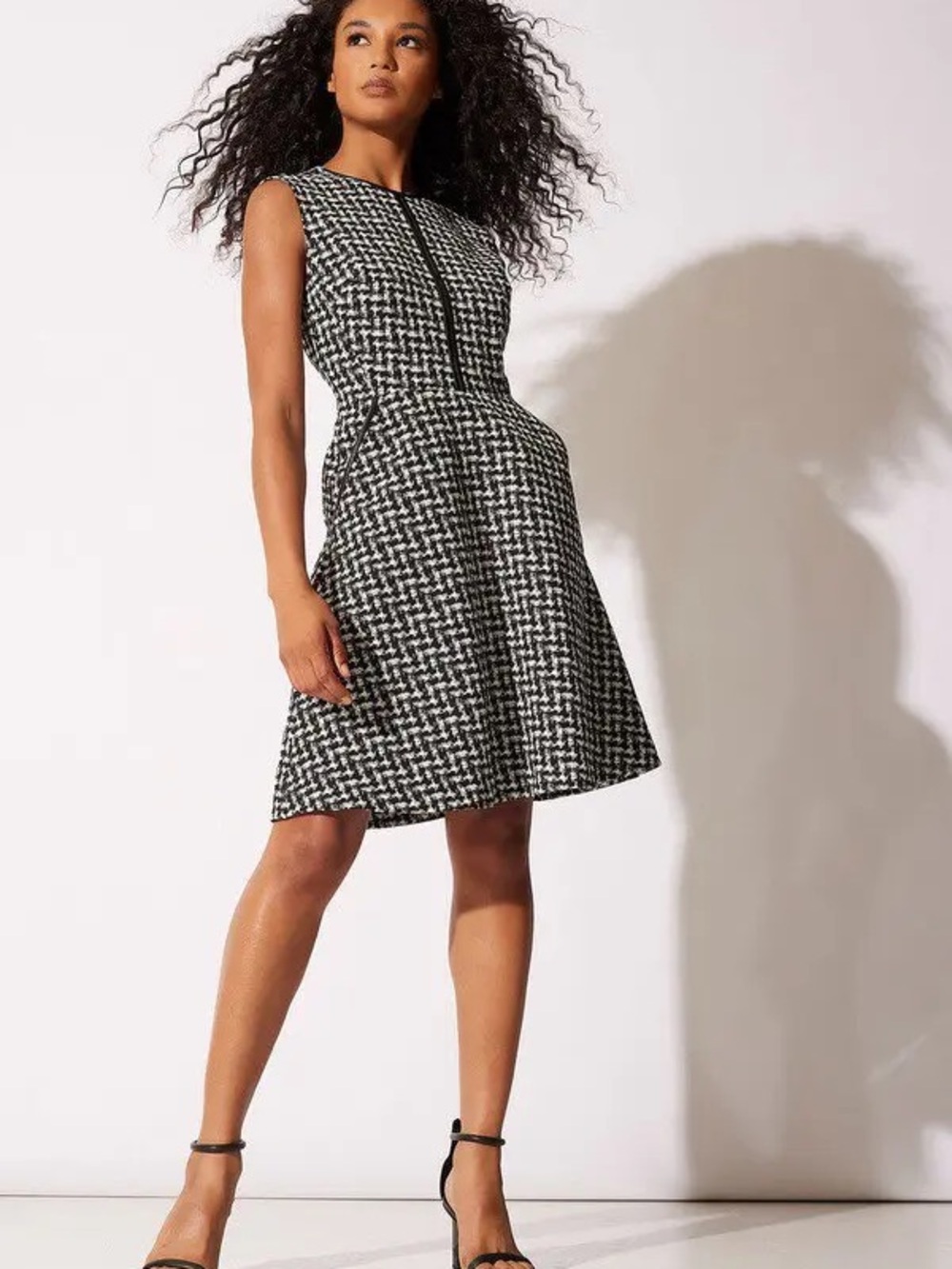NATORI Japanese Check Black and White Tweed Sleeveless A-Line Dress